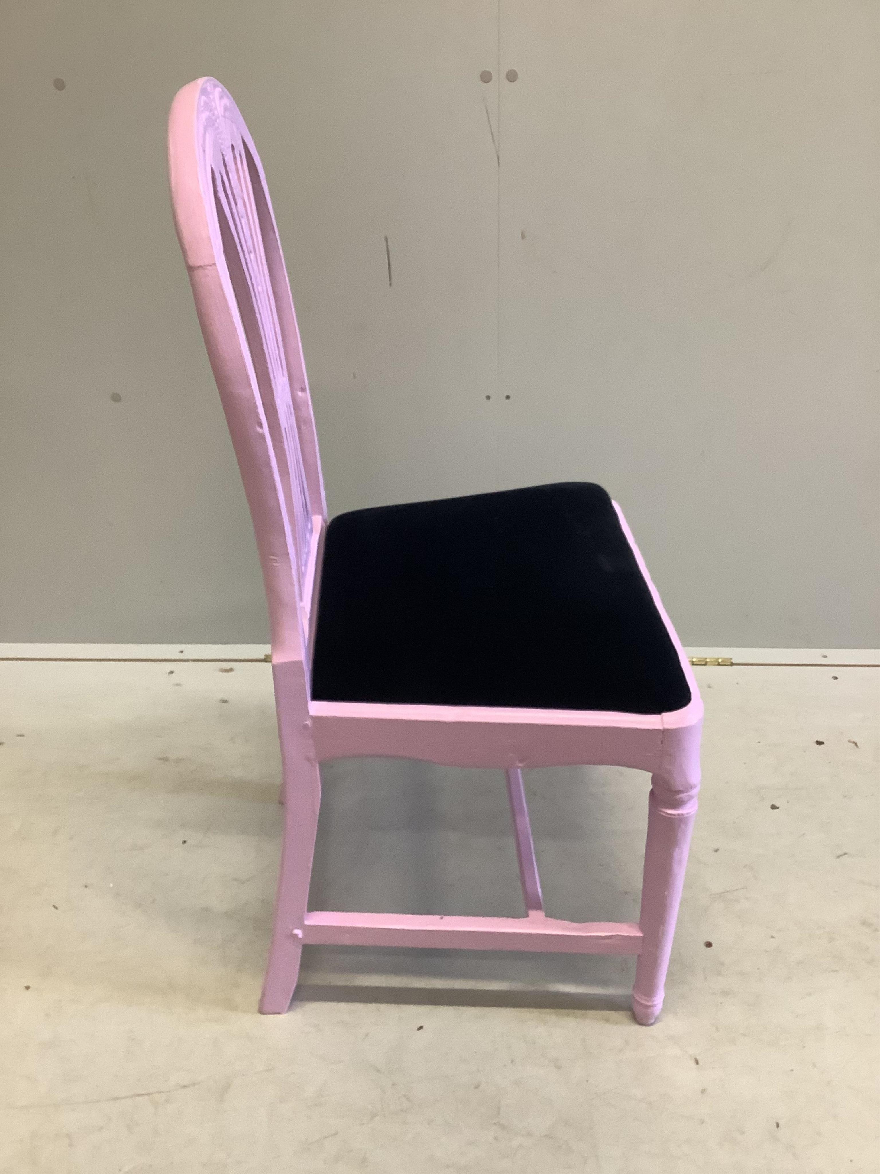 A set of four Hepplewhite style dining chairs, later painted pink, width 50cm, height 94cm. Condition - good